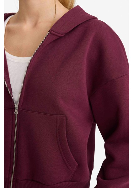 Cropped Fit Kapüşonlu Kalın Fermuarlı Sweatshirt Z7069AZ25WN