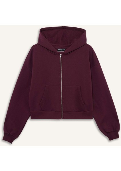 Cropped Fit Kapüşonlu Kalın Fermuarlı Sweatshirt Z7069AZ25WN