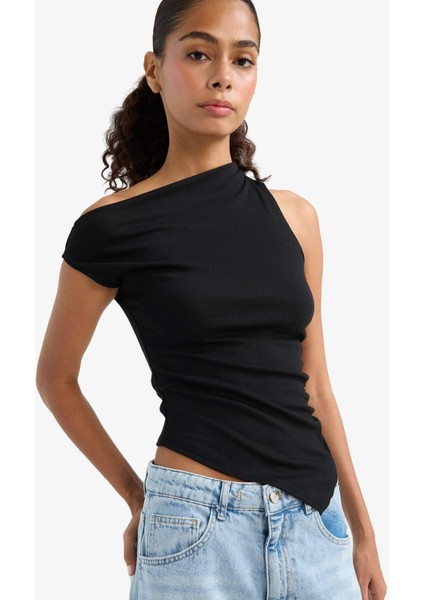 Slim Fit Dar Kesim Tek Omuzlu Ribana Siyah Bluz F2453AX25SM