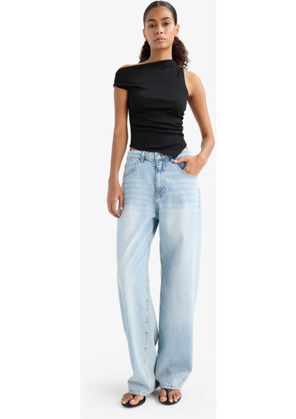 Slim Fit Dar Kesim Tek Omuzlu Ribana Siyah Bluz F2453AX25SM