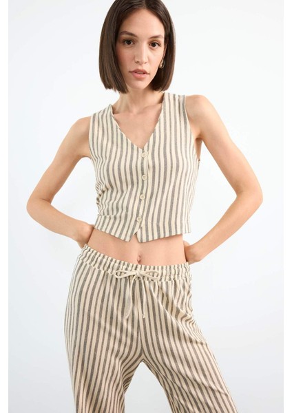 Fitted Çizgili V Yaka Blazer Yelek F9014AX25SM