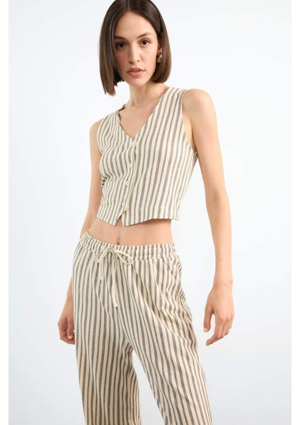 Fitted Çizgili V Yaka Blazer Yelek F9014AX25SM