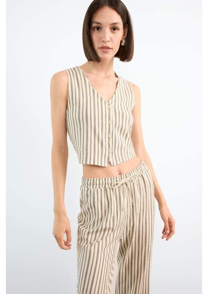 Fitted Çizgili V Yaka Blazer Yelek F9014AX25SM