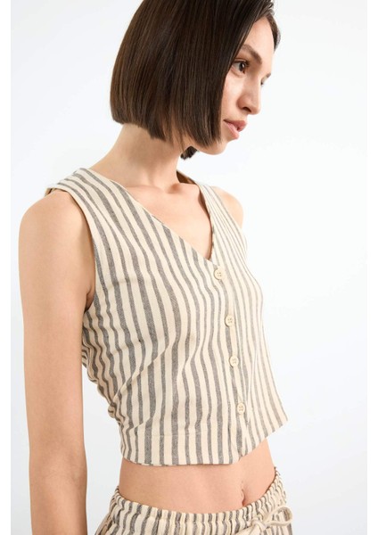 Fitted Çizgili V Yaka Blazer Yelek F9014AX25SM