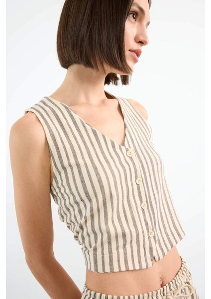 Fitted Çizgili V Yaka Blazer Yelek F9014AX25SM