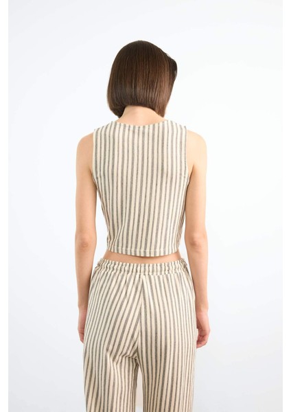 Fitted Çizgili V Yaka Blazer Yelek F9014AX25SM