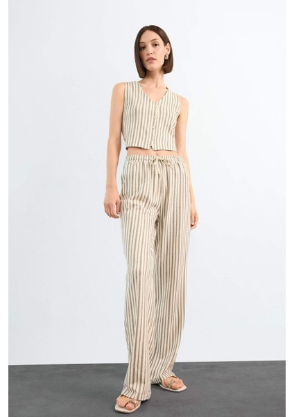 Fitted Çizgili Üç Cepli Uzun Pantolon F9009AX25SM