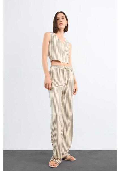 Fitted Çizgili Üç Cepli Uzun Pantolon F9009AX25SM