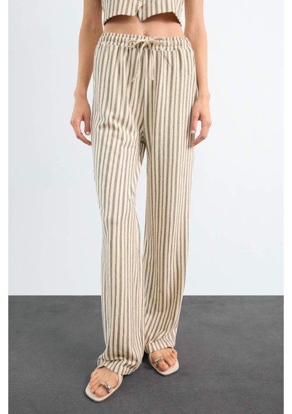 Fitted Çizgili Üç Cepli Uzun Pantolon F9009AX25SM