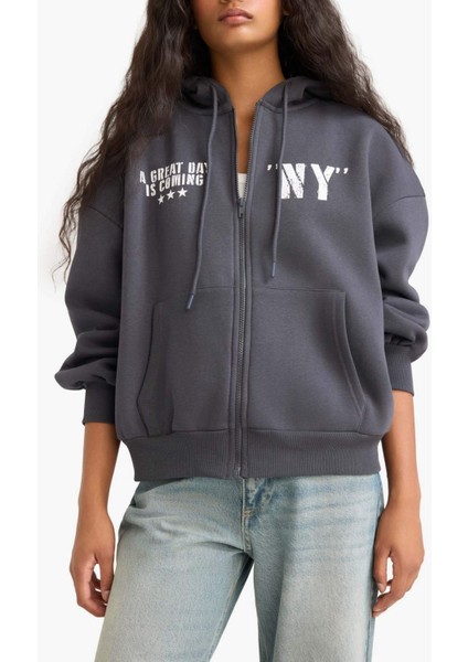 Oversize Geniş Kalıp Kapüşonlu Sırt Baskılı Fermuarlı Sweatshirt F8915AX25AU