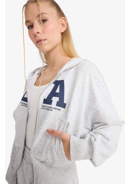 Coool Cropped Fit Kapüşonlu Baskılı Fermuarlı Sweatshirt F8911AX25WN