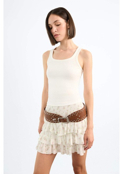 Beli Lastikli Çiçek Desenli Volanlı Mini Etek F7905AX25SM