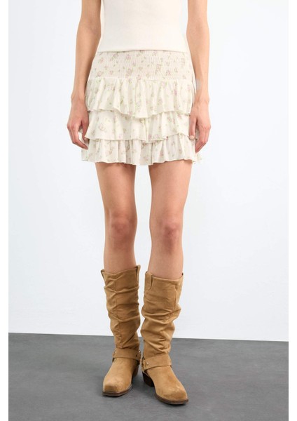 Beli Lastikli Çiçek Desenli Volanlı Mini Etek F7905AX25SM