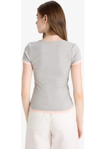 U Yaka Fitilli Kaşkorse Kısa Kollu Tişört F8743AX25AU
