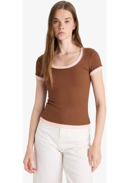 U Yaka Fitilli Kaşkorse Kısa Kollu Tişört F8743AX25AU