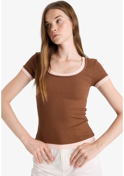 U Yaka Fitilli Kaşkorse Kısa Kollu Tişört F8743AX25AU