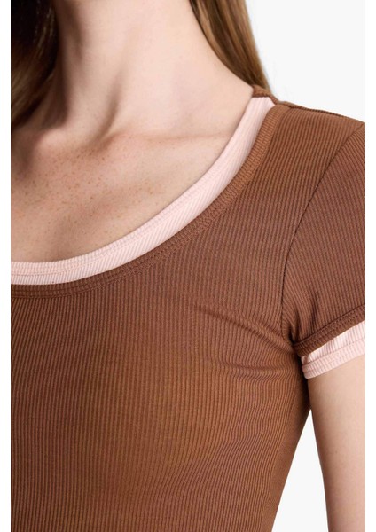 U Yaka Fitilli Kaşkorse Kısa Kollu Tişört F8743AX25AU