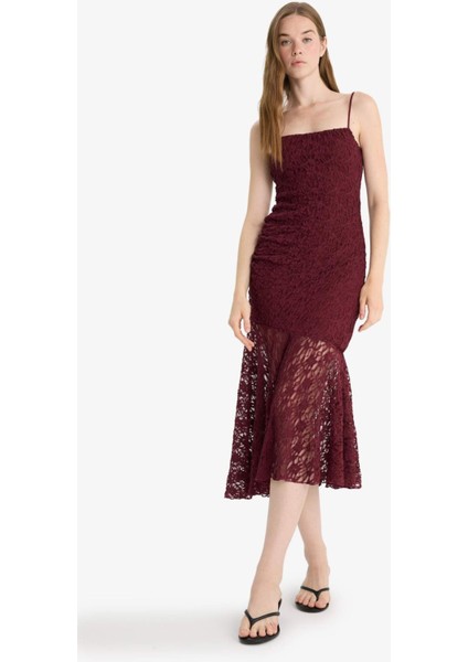 Bodycon Vücudu Saran Askılı Dantel Midi Elbise F7886AX25AU