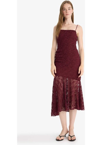 Bodycon Vücudu Saran Askılı Dantel Midi Elbise F7886AX25AU