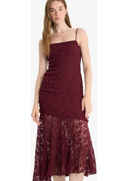 Bodycon Vücudu Saran Askılı Dantel Midi Elbise F7886AX25AU