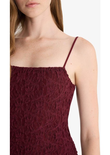 Bodycon Vücudu Saran Askılı Dantel Midi Elbise F7886AX25AU