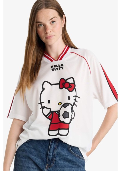 Coool Hello Kitty Oversize Geniş Kalıp V Yaka Baskılı Kısa Kollu Tişört F9182AX25AU