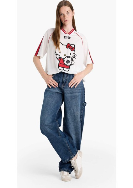 Coool Hello Kitty Oversize Geniş Kalıp V Yaka Baskılı Kısa Kollu Tişört F9182AX25AU