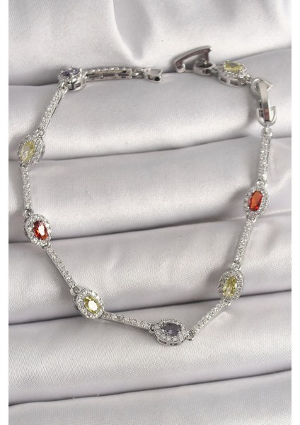 Bfs Pirinç Gümüş Renk Renkli Zirkon Taşlı Damla Taş Model Kadın Bileklik