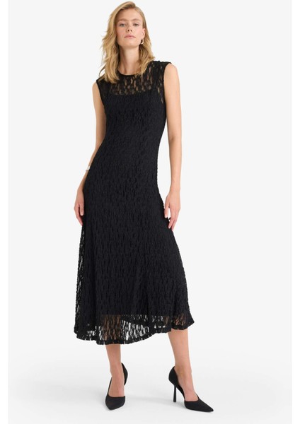 Fitted Bisiklet Yaka Dantel Kısa Kollu Maxi Elbise F8114AX25AU