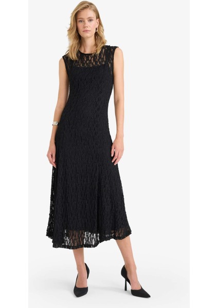 Fitted Bisiklet Yaka Dantel Kısa Kollu Maxi Elbise F8114AX25AU