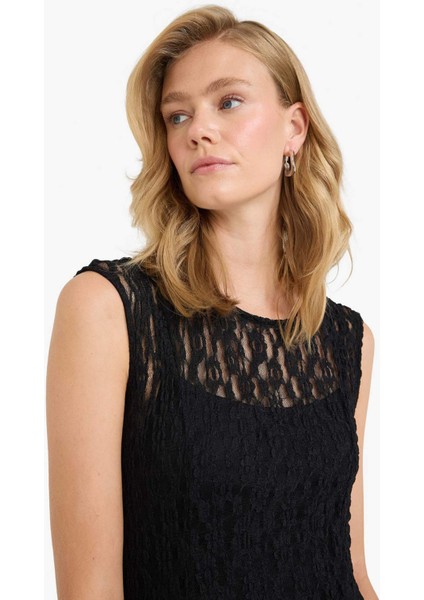 Fitted Bisiklet Yaka Dantel Kısa Kollu Maxi Elbise F8114AX25AU