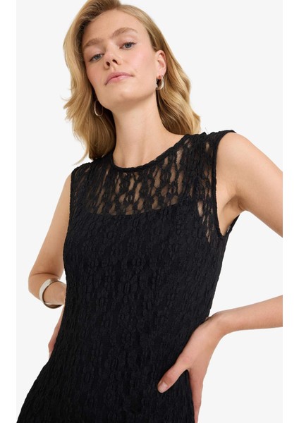 Fitted Bisiklet Yaka Dantel Kısa Kollu Maxi Elbise F8114AX25AU