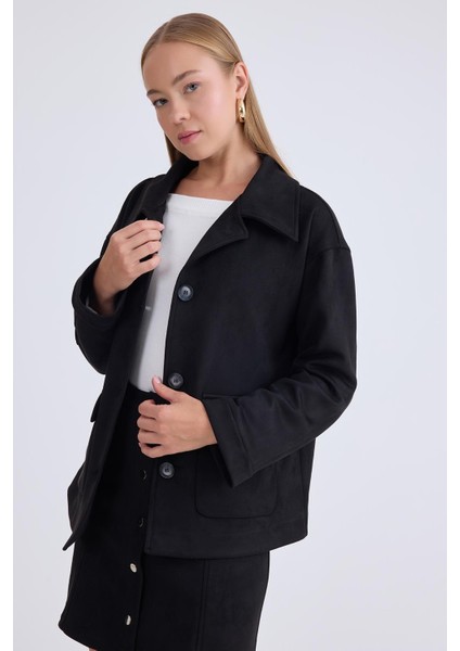 Düşük Omuz Kapak Cepli Süet Ceket