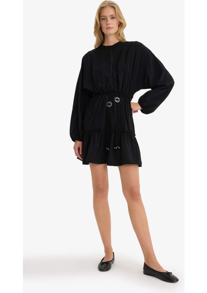 Bisiklet Yaka Uzun Kollu Mini Elbise F9550AX25SM