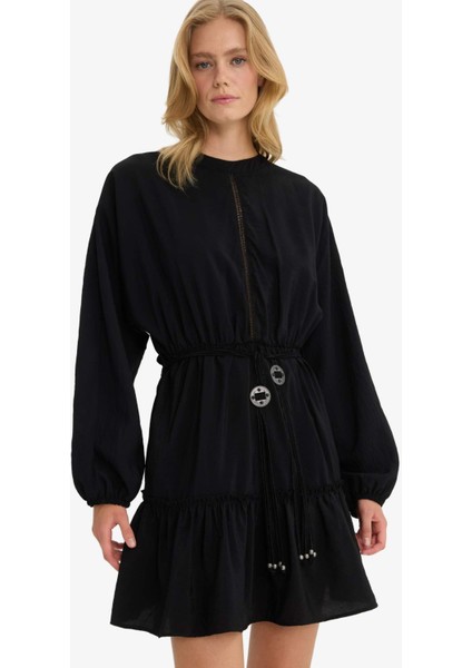 Bisiklet Yaka Uzun Kollu Mini Elbise F9550AX25SM