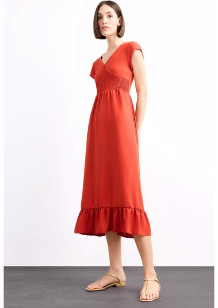 Fitted V Yaka Kısa Kollu Midi Elbise F9360AX25SM