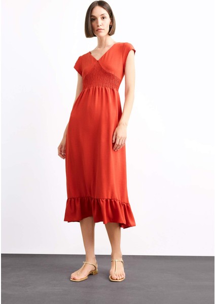 Fitted V Yaka Kısa Kollu Midi Elbise F9360AX25SM