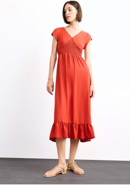 Fitted V Yaka Kısa Kollu Midi Elbise F9360AX25SM