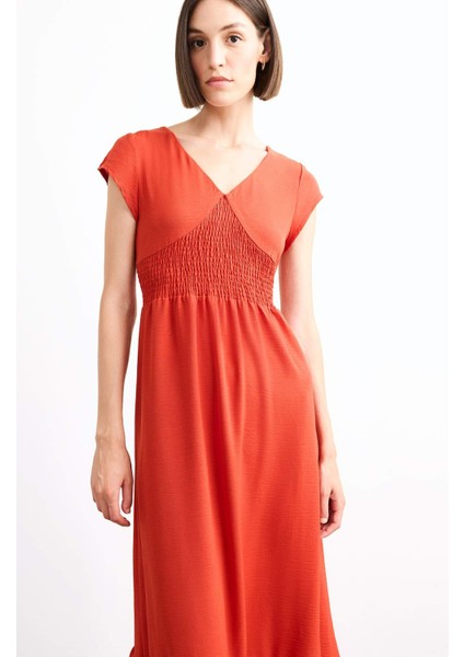 Fitted V Yaka Kısa Kollu Midi Elbise F9360AX25SM