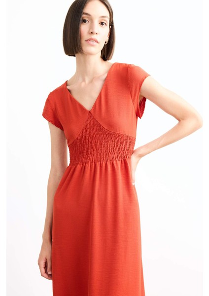 Fitted V Yaka Kısa Kollu Midi Elbise F9360AX25SM