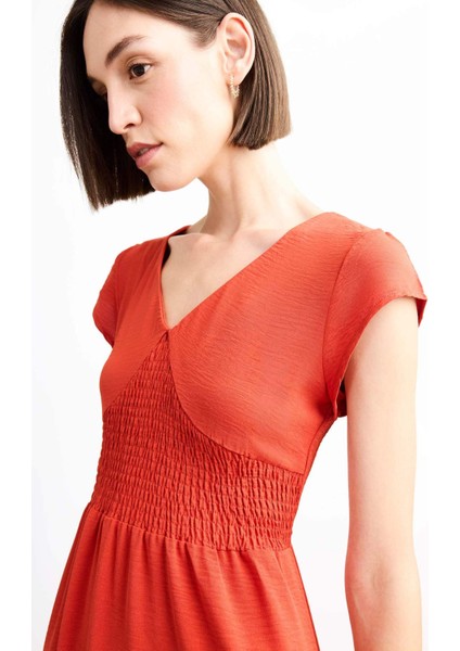 Fitted V Yaka Kısa Kollu Midi Elbise F9360AX25SM