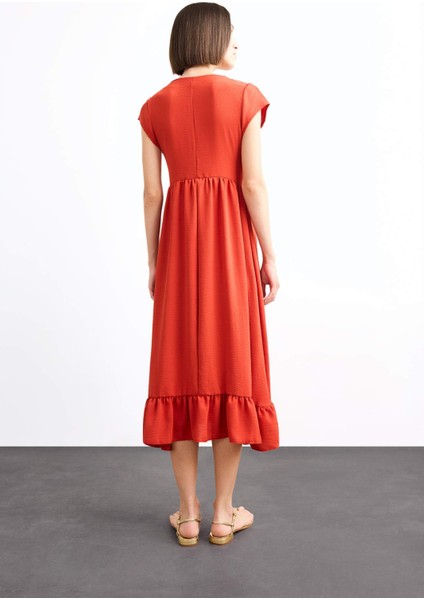 Fitted V Yaka Kısa Kollu Midi Elbise F9360AX25SM