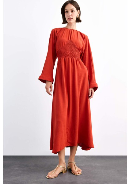 Bisiklet Yaka Uzun Kollu Midi Elbise F8526AX25SM