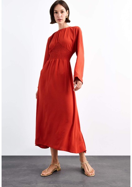 Bisiklet Yaka Uzun Kollu Midi Elbise F8526AX25SM