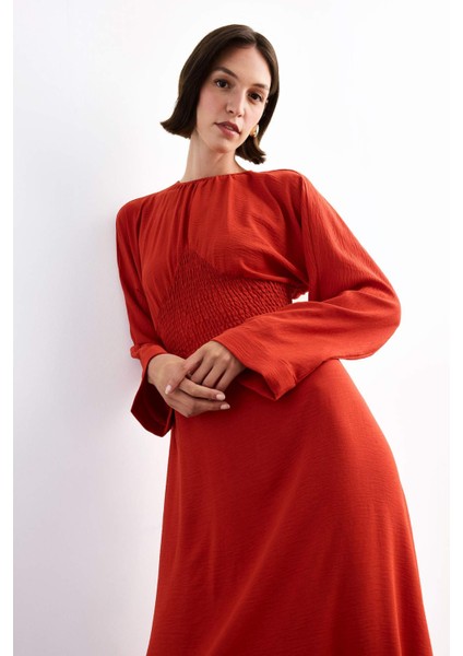 Bisiklet Yaka Uzun Kollu Midi Elbise F8526AX25SM