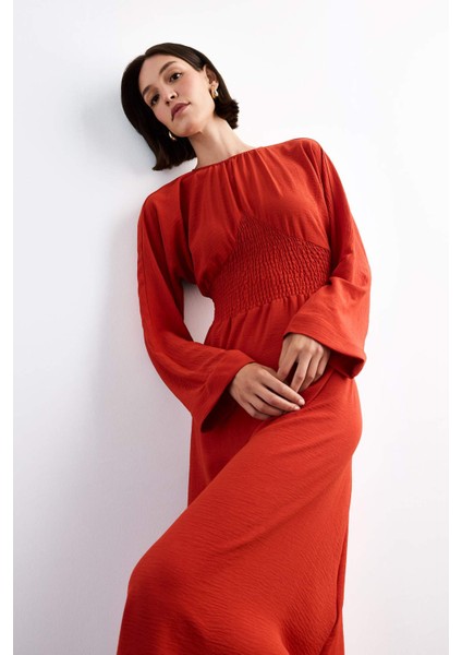 Bisiklet Yaka Uzun Kollu Midi Elbise F8526AX25SM