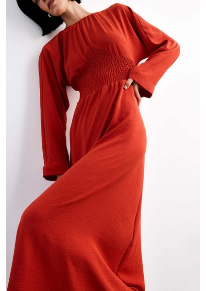 Bisiklet Yaka Uzun Kollu Midi Elbise F8526AX25SM