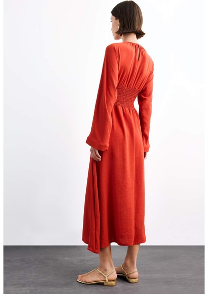 Bisiklet Yaka Uzun Kollu Midi Elbise F8526AX25SM