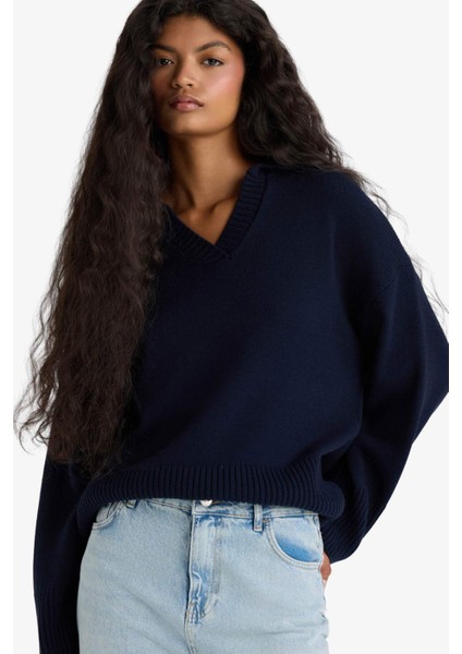 Oversize Geniş Kalıp Polo Yaka Triko Kazak F9126AX25WN