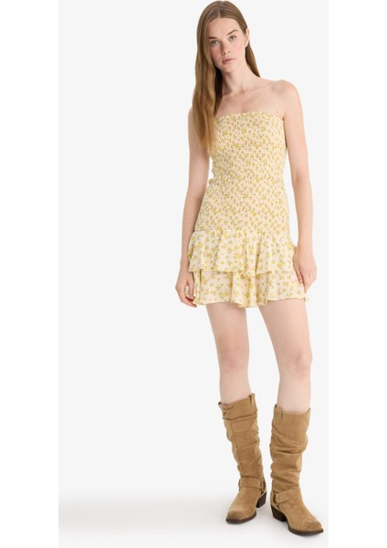 Straplez Çiçek Desenli Mini Elbise F5115AX25SM